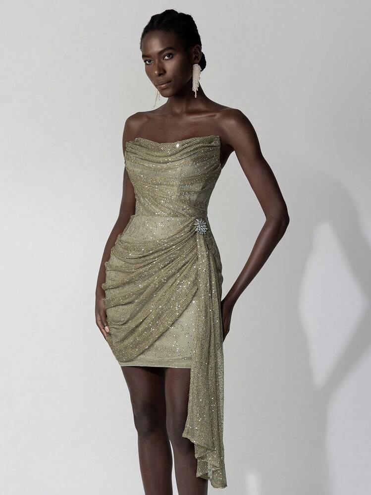 Elitara Elegant Military Green Tube Sequin Party Gown,Detachable Flower Diamond,Front Pleats Side Drape Short Hip Bag Wedding Guest Cocktail Dress For Women
