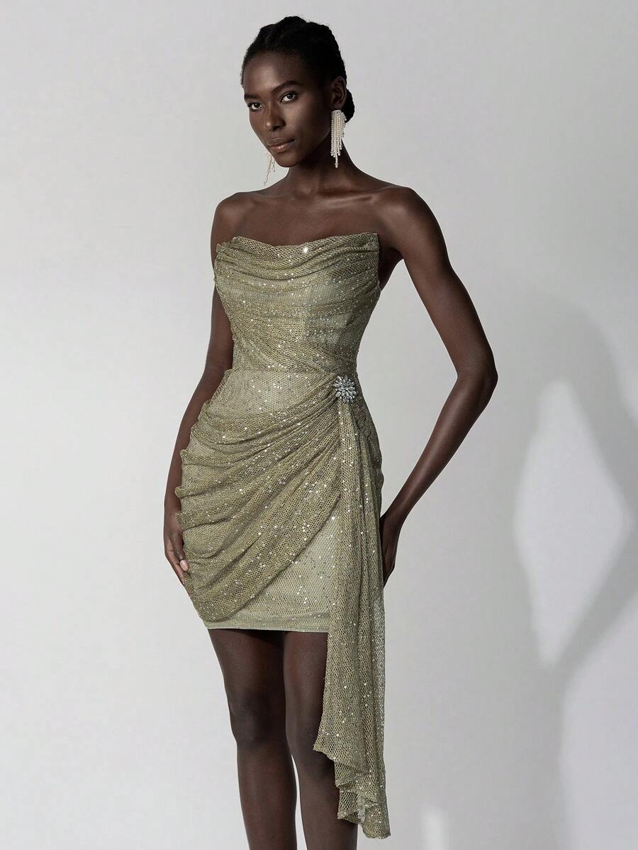 Elitara Elegant Light Military Green Tube Heavy Industry Three-Dimensional Sequins, Swung Collar, Side Gold, Detachable Three-Dimensional Flower Diamond Decoration, Front Pleats, Side Drape, Short Hip Bag, Holiday Date, Single Music Party, Wedding Event, Graduation Homecoming Season Party Gown, Wedding Guest Cocktail Dress