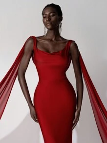 SHEIN Belle 优雅的勃艮第色垂坠领露背扭纹拼接雪纺长裙，带荷叶边拖尾，可作为晚礼服、派对礼服、婚礼宾客礼服、正式礼服 - 酒紅色 - 查看 3