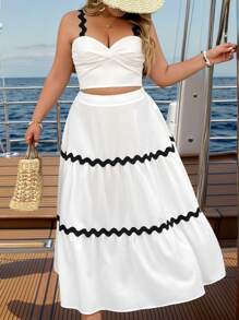 SHEIN VCAY Plus Size Black Wave Trim Twist Front Crop Top And Matching Black Wave Trim Loose A-Line Skirt, 2 Pieces Romantic Beach Outfit, Suitable For Valentine's Day, Western, Festival, Boho, Hippie, Cowgirl, Bohemian, Old Money, Summer, Beach, St. Patrick's Day