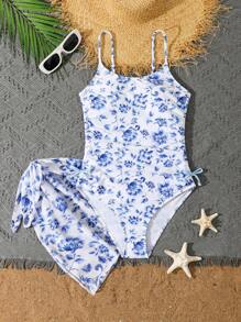 SHEIN 2 bộ đồ bơi một mảnh in họa tiết hoa màu xanh lam cổ điển cho bé gái tuổi teen kèm váy đi biển - Nhiều màu - Xem 1