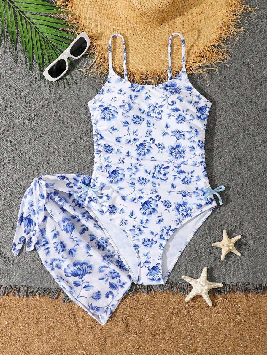 SHEIN 2 bộ đồ bơi một mảnh in họa tiết hoa màu xanh lam cổ điển cho bé gái tuổi teen kèm váy đi biển - Nhiều màu - Xem 1