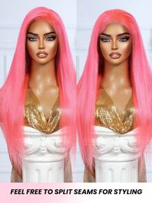 Hot Pink 13x4 Lace Front Human Hair Wigs For Women Transparent Lace Long Straight Remy Hair Daily Party Vacation All Day Wear 150% Density 22 Inches