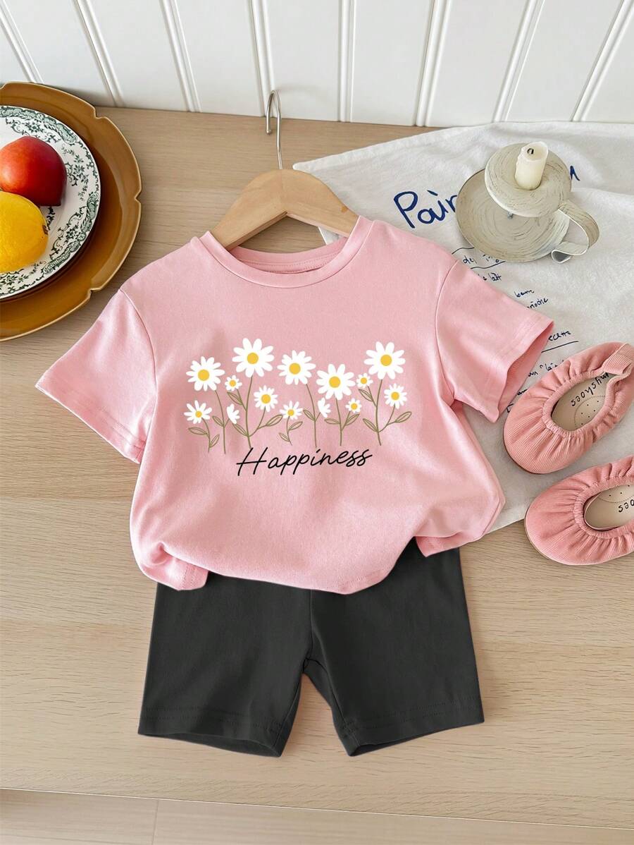 SHEIN Leap Crew Baby Girl Casual Minimalist Short Sleeve 2 Pieces Set, Suitable For Spring/Summer - Multicolor - View 1