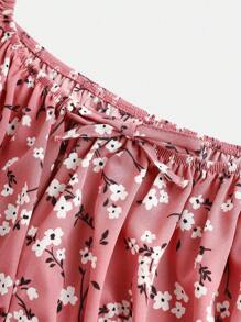 SHEIN Leap Crew Vestido con cuello cuadrado, mangas abullonadas y lazo para niña adolescente con estampado floral diminuto, para primavera/verano - Rosa - Ver 7