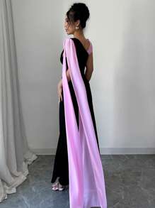 Elenzga Vestido elegante y de moda para mujer con cintura ceñida, asimétrico y de contraste de color en gasa, con capa en los hombros, ideal para fiestas y días festivos - Negro - Ver 2