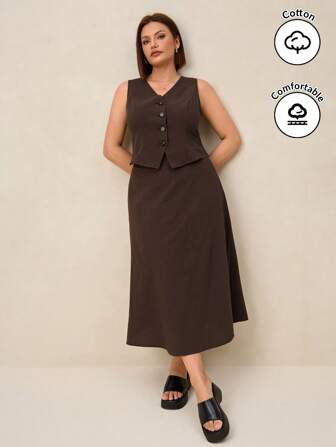 Chikora 2pcs/Set Plus Size Women Elegant Single-Breasted Vest And Midi Skirt Sets,Spring/Summer Outfits For Women,Business Casual Woman