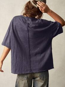 Bohemela Áo thun nữ cổ tròn tay ngắn màu trơn đơn giản rộng rãi thông thường - Màu xanh lam - Xem 3
