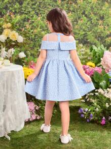 Vestido justo com decote redondo e jacquard de cor sólida e tecido para meninas - Azul - Ver 2
