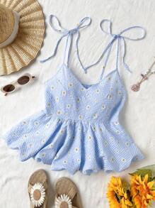 Flirla Plus Size Women's Boho Sundress Bowknot Blue Plaid Daisy Floral Print A-Line Vacation Stylish Cute Casual Cami Top, For Summer