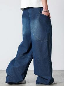 Manfinity Hypemode Men's Pocket Wide Leg Relaxed Casual Versatile Denim Jeans - Blue - View 2