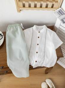 SHEIN Leap Crew 2pcs/Set Young Boys Casual Minimalist Short Sleeve Top & Pants - White - View 2