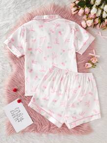 2pcs/Set Teen Girls Casual Cherry & Bow Print Polo Collar Short Sleeve Top With Shorts Loungewear Set, Comfortable