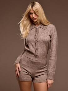 MUSERA Marl Rib Knit Button Down Collared Long Sleeve Hotpant Playsuit Spring Summer Cute