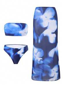 女士蓝色扎染印花性感修身抹胸比基尼套装，夏季海滩度假沙滩装套装 - 彩色 - 查看 8