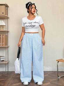 SHEIN EZwear Plus Size Casual Loose Striped Wide-Leg Pants