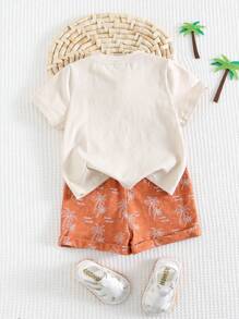 Cozy Pixies 男婴花卉印花撞色针织柔软圆领短袖上衣和松紧腰短裤 2 件套 - 彩色 - 查看 2