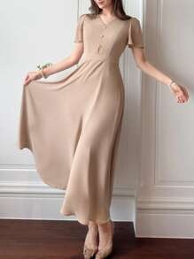 xheDAZY Vestido elegante de verano de unicolor con escote en V, manga corta abullonada y largo hasta la pantorrilla para mujerxhe - Caqui - Ver 4