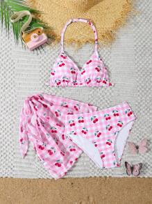 Tween Girl Summer Boho Gingham And Cherry Print Bikini Swimsuit - Multicolor - View 1