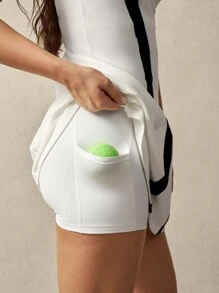 VARSITIE Round Neck Long Sleeve Color Block Mesh Patchwork Fitted Mini Tennis Dress - White - View 8