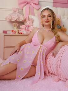 PetitDoll 2pcs Plus Size Sexy Lingerie Set: Sunflower Mesh & Contrast Lace Front Buttoned Chemise With G-String - Pink - View 3