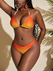 Slaydiva Set de 3 piezas de traje de baño tipo bikini con estampado degradado y falda para mujeres, perfecto para vacaciones en la playa en primavera/verano - Multicolor - Ver 7