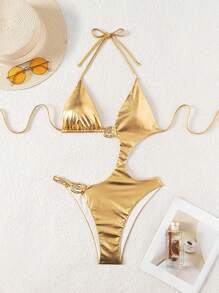 Swim SXY 女士时尚手工面料吊带性感镂空 + 时尚金属连接器连体泳衣，适合夏季海滩度假