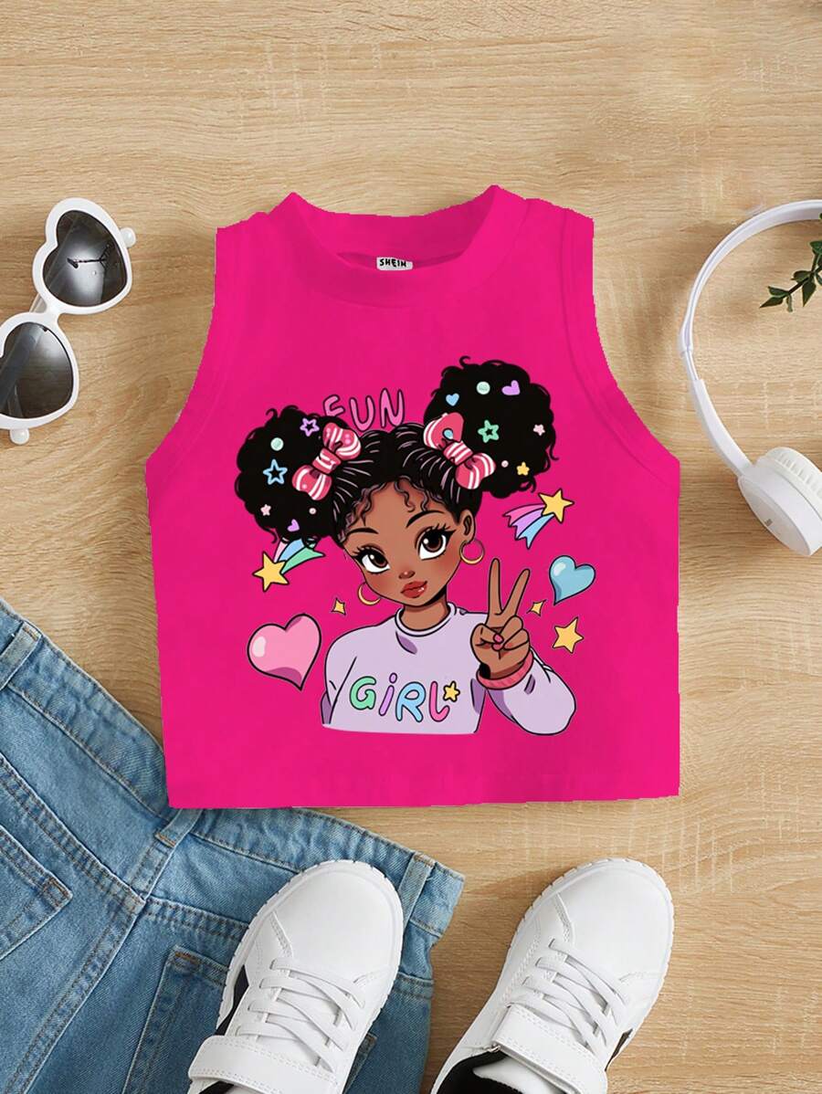 SHEIN Young Girl Casual Minimalist Cartoon Pattern Sleeveless Round Neck Tank Top, Suitable For Summer - Hot Pink - View 1