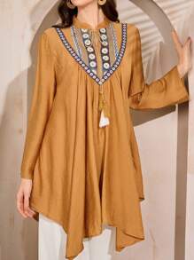 Al Najma Modest Casual Pattern Fringe Trim Arabic Style Top For Women - Yellow - View 2