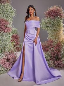 Glamrae Spring And Summer Elegant, Gorgeous And Romantic Lavender Asymmetric Off The Shoulder Pleated Luxury Rhinestone Splicing Mermaid Slit Hem Splicing Oversized Floating Pieces Wedding Guest Dress, Suitable For Dinner Bachelor Party Lovers Date Vacation Back To School Season Prom Wedding Season Evening Dress, Formal Dress,Gown