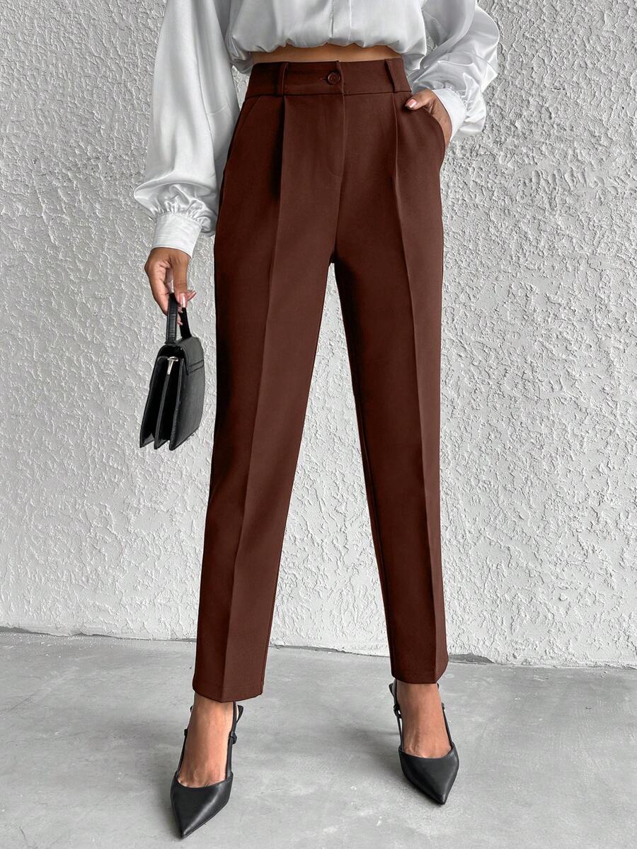 EURMUSE Petite Women's Solid Slant Pocket Suit Pants - Brown - View 1