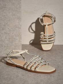 SHUZIA Sandali espadrillas da donna con cinturino, punta aperta e dettagli in finta perla, colore avorio