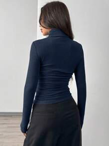 SHEIN EZwear 海军蓝加大码女式高腰长袖褶皱修身T恤 - 藏蓝色 - 查看 2