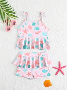 SHEIN Young Girl Starfish Print Casual Strap Tankini 2 Pieces Swimwear Summer Holiday - Multicolor - View 3