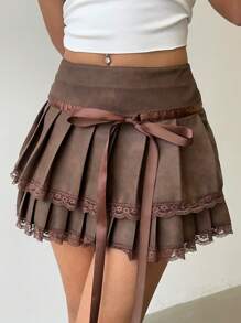 Aloruh 女士性感蕾丝拼布复古皮革褶皱迷你裙 - 棕色 - 查看 7