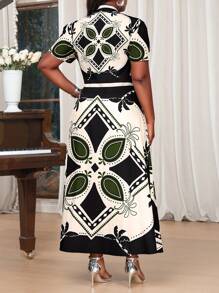 SHEIN Lady Spring And Summer Casual Elegant Boho Black  Woven Shirt Collar Flared Button Long  Short Sleeve Plus Size Dresses Vacation Outfits Woman Beach Outfits For Woman Vacation Vacation Outfits Women Beach Vacation Outfits Beach Wedding Guest Dress Sundress Church Clothes Women Spring Outfits For Women - Multicolor - View 2