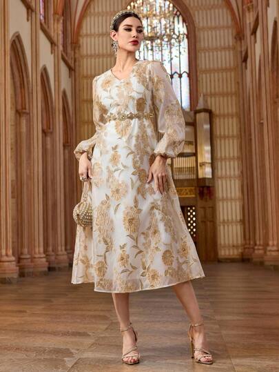Modelyn Women Elegant Jacquard Lantern Sleeve Midi Dress | SHEIN USA