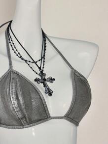 SHEIN ICON Women's Sexy Fashion Halter Denim Crop Top - Black - View 3