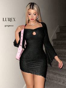Sweetina Cut Out Front Flare Sleeve Glitter Bodycon Mini Dress - Black - View 7