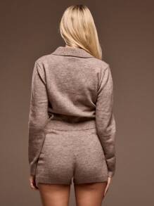 MUSERA Marl Rib Knit Button Down Collared Long Sleeve Hotpant Playsuit Spring Summer Cute