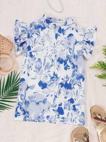 1 pieza Blusa casual de mujer con cuello mao, manga con volantes, dobladillo con volantes, cordón ajustable, estampado digital de hojas y flores en textura tejida de bambú, adecuada para salir y vacaciones en la playa (se vende por separado en sets de 3)