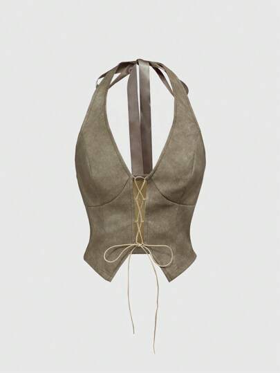 Women's Retro Hippie Cowgirl Halter Sexy Leather Tank Top