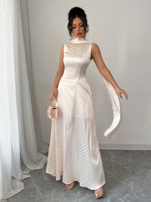 Elenzga Women's Elegant Charming Party Dress With Satin Polka Dot Embroidery, Sleeveless, Cinched Waist, A-Line Hem, Scarf Collar, Solid Color Maxi Dress - Apricot - View 3