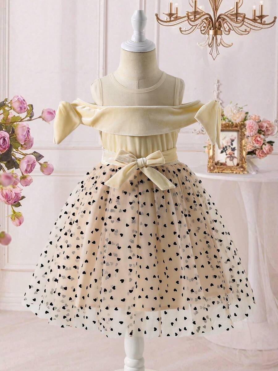 SHEIN Knitted Open Shoulder Patchwork Flocked Heart Net Mesh Snug Fit Dress For Young Girls - Apricot - View 1
