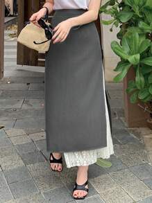 DAZY 女士优雅通勤拼色蕾丝拼接长裙 - 灰色 - 查看 2