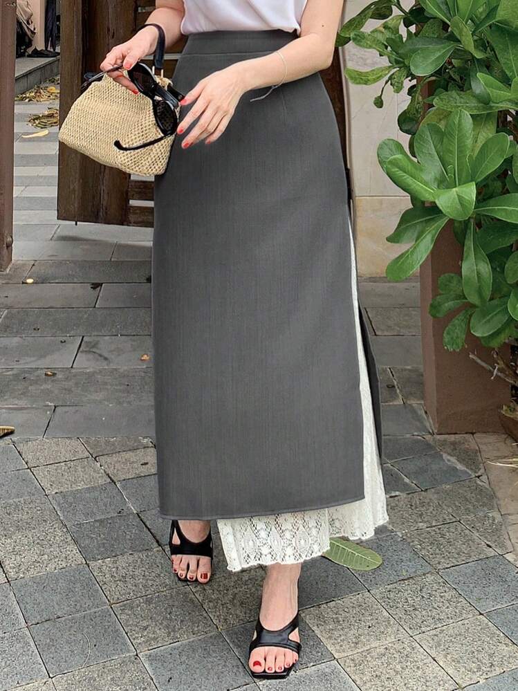 DAZY Saia Longa Elegante de Renda Patchwork Bicolor para Uso Diário - Cinza - Visão 2