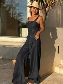 Livesso 女士牛仔吊带背心和裤子套装，返校服装 - 深色水洗藍 - 查看 1