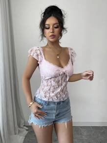 Chiquease Camiseta de mujer con encaje rosa, detalles de lazo elevado - Rosa - Ver 4