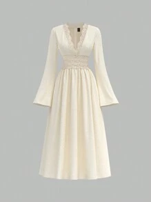 SHEIN MOD 法式复古优雅深蕾丝边连衣裙、情人节连衣裙、春季女装、波西米亚风女装、茶会连衣裙、奶油色连衣裙、度假连衣裙 - 杏色 - 查看 1