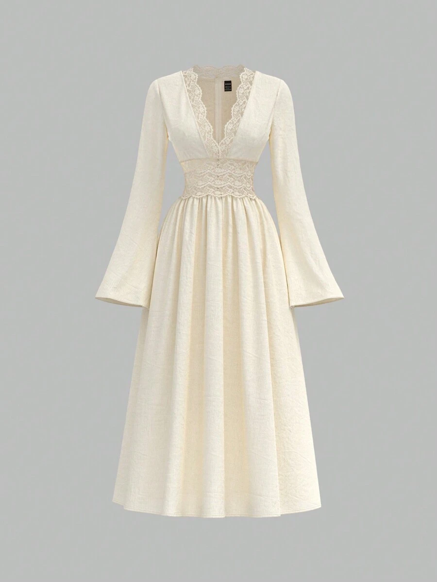 SHEIN MOD 法式复古优雅深蕾丝边连衣裙、情人节连衣裙、春季女装、波西米亚风女装、茶会连衣裙、奶油色连衣裙、度假连衣裙 - 杏色 - 查看 1